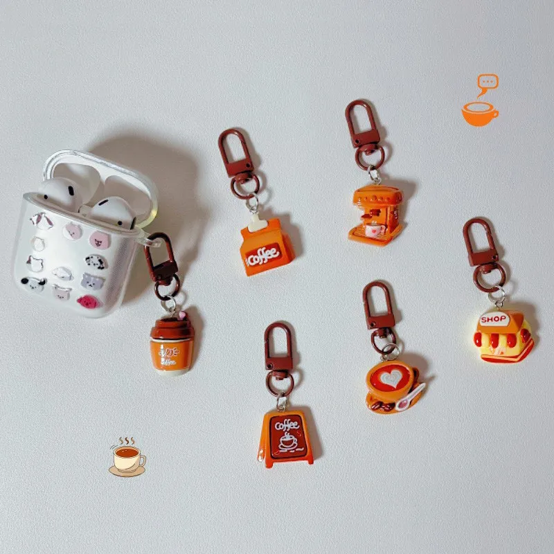 5Pcs Cute Mini Coffee Cup Keychain Cartoon Coffee Shop Resin Pedant Keyring Women Phone Case Accessories