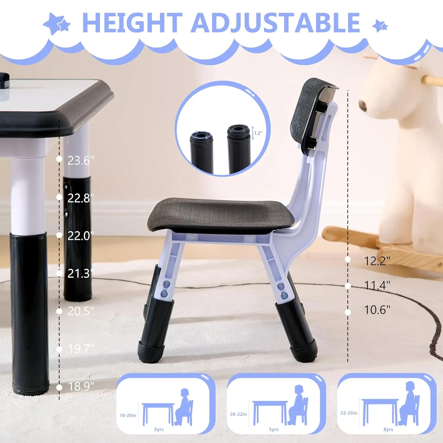 طقم طاولات وكراسي للأطفال (كرسيين)، طقم طاولة وكرسي للأطفال الصغار قابل للتعديل الارتفاع للأطفال من سن 3 إلى 8 سنوات مع سطح مكتب جرافيتي، تعلم
