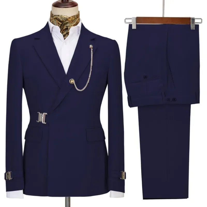 2 Pieces Green Belt Design Double Breasted Mens Suits Coat Pant Latest Design Wedding Suits Groom Prom Tuxedos Blazer Set