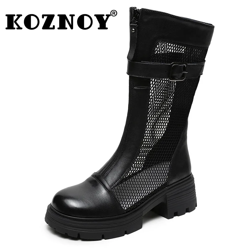 

Koznoy 5.5cm Air Mesh Genuine Leather Women Hollow Ankle Booties Sandals Shoes Platform Wedge Breathable Summer Fashion