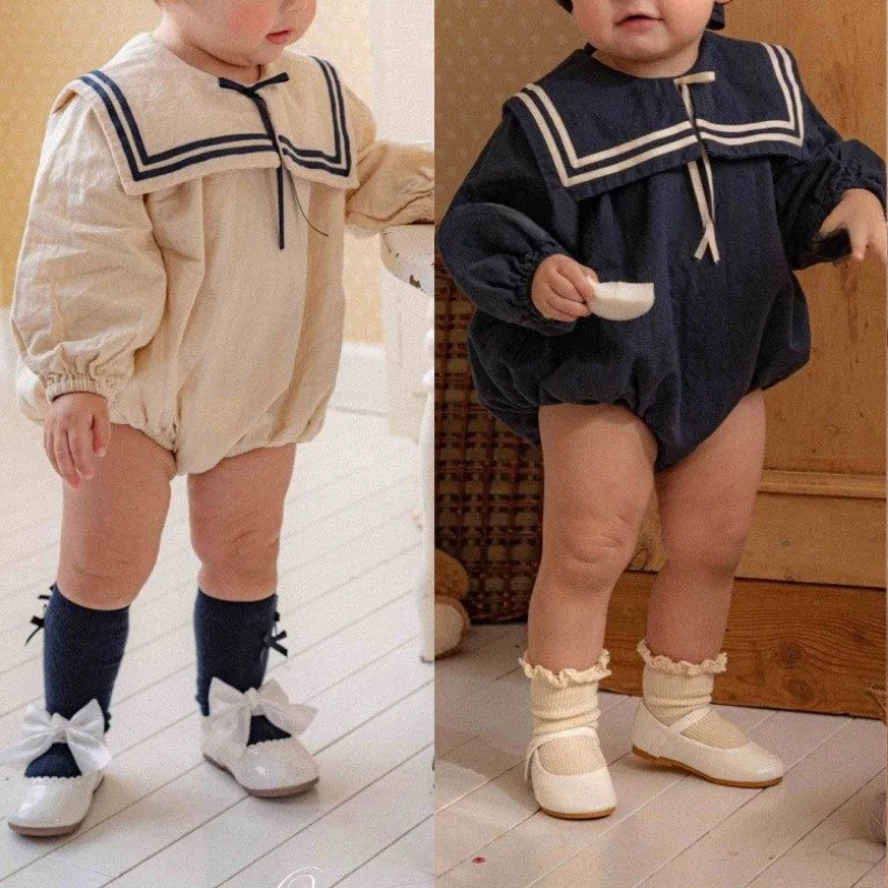 

Новинка лета 2026: Детский комбинезон с матросским воротником для девочек, милый хлопковый комбинезон с длинным рукавом для новорожденных мальчиков, повседневная одежда для младенцев 0-24 месяца