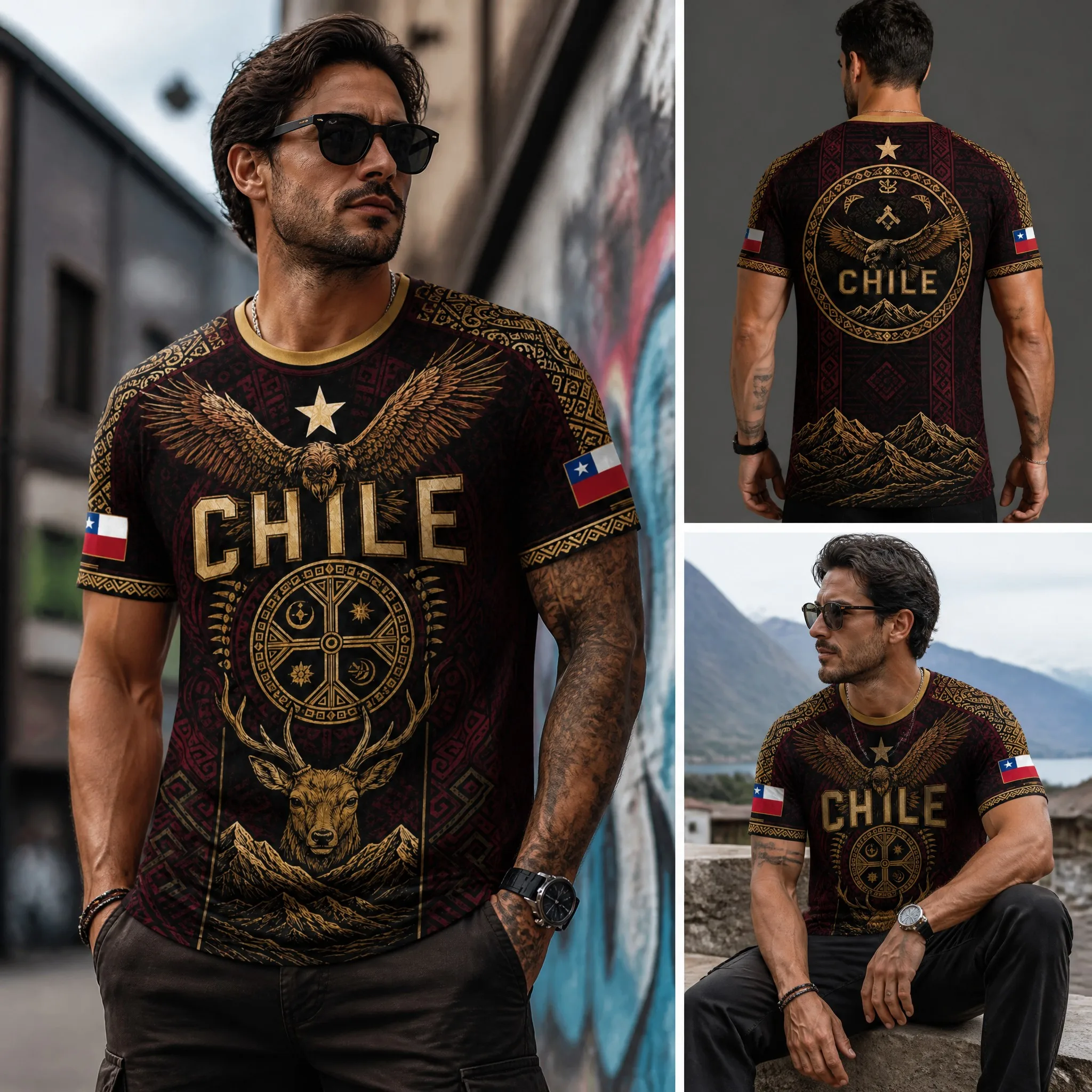 Mens Crew Neck Tshirt Chile Burgundy Gold Eagle Deer Mountain Graphic Short Sleeve Casual Street Outdoor Team Style Top Wear Tee