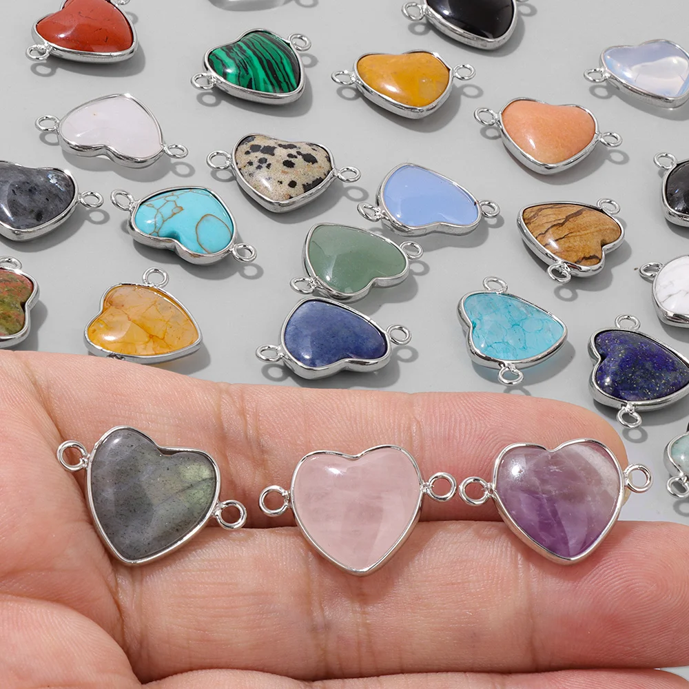 NEW Natural Heart Shape Stone Connector Pendant Silver-colored Clear Quartzs Sodalit Jaspers Gem Charms For Jewelry Making DIY