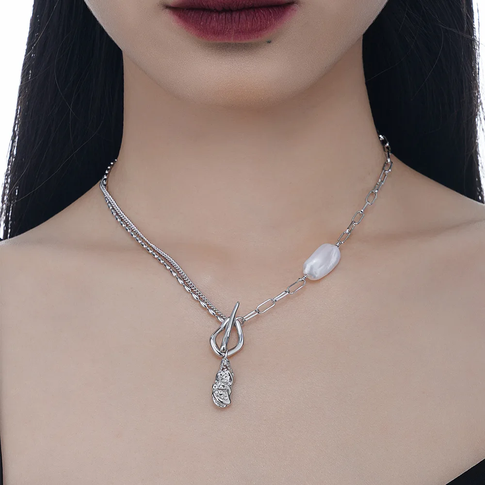 Textured Baroque Pearl Necklace, S925 Sterling Silver Light Luxury Unique Collarbone Chain