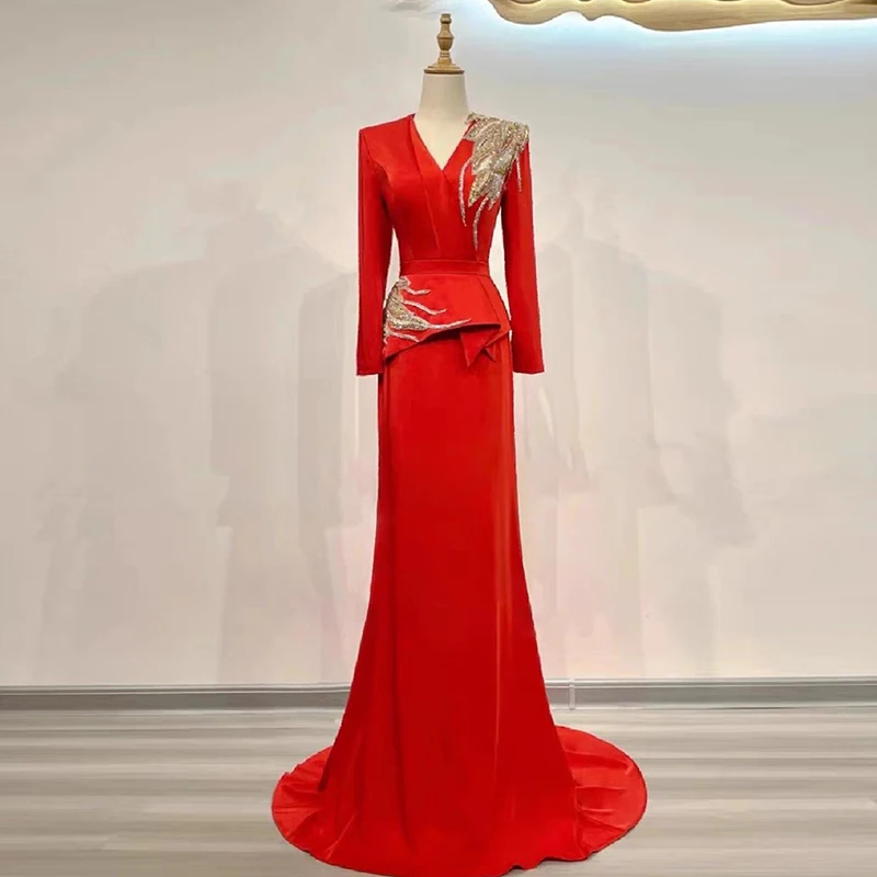 

Red Evening Gown Women's High-End Spring Festival Proam Host Solo Performance Ensemble Dinner Winter Long Sve Dr