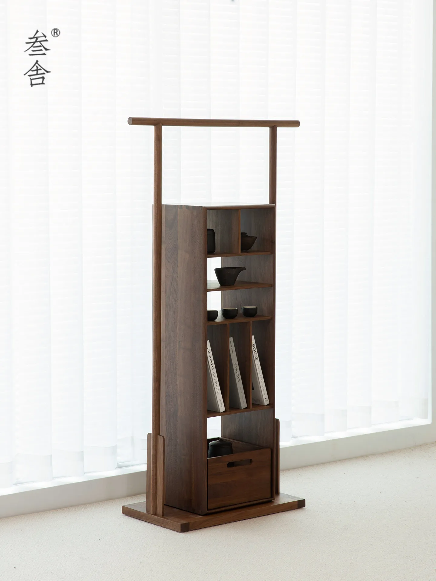 Yjq black walnut small bookshelf tea room bogu shelf solid wood tea set tea rack