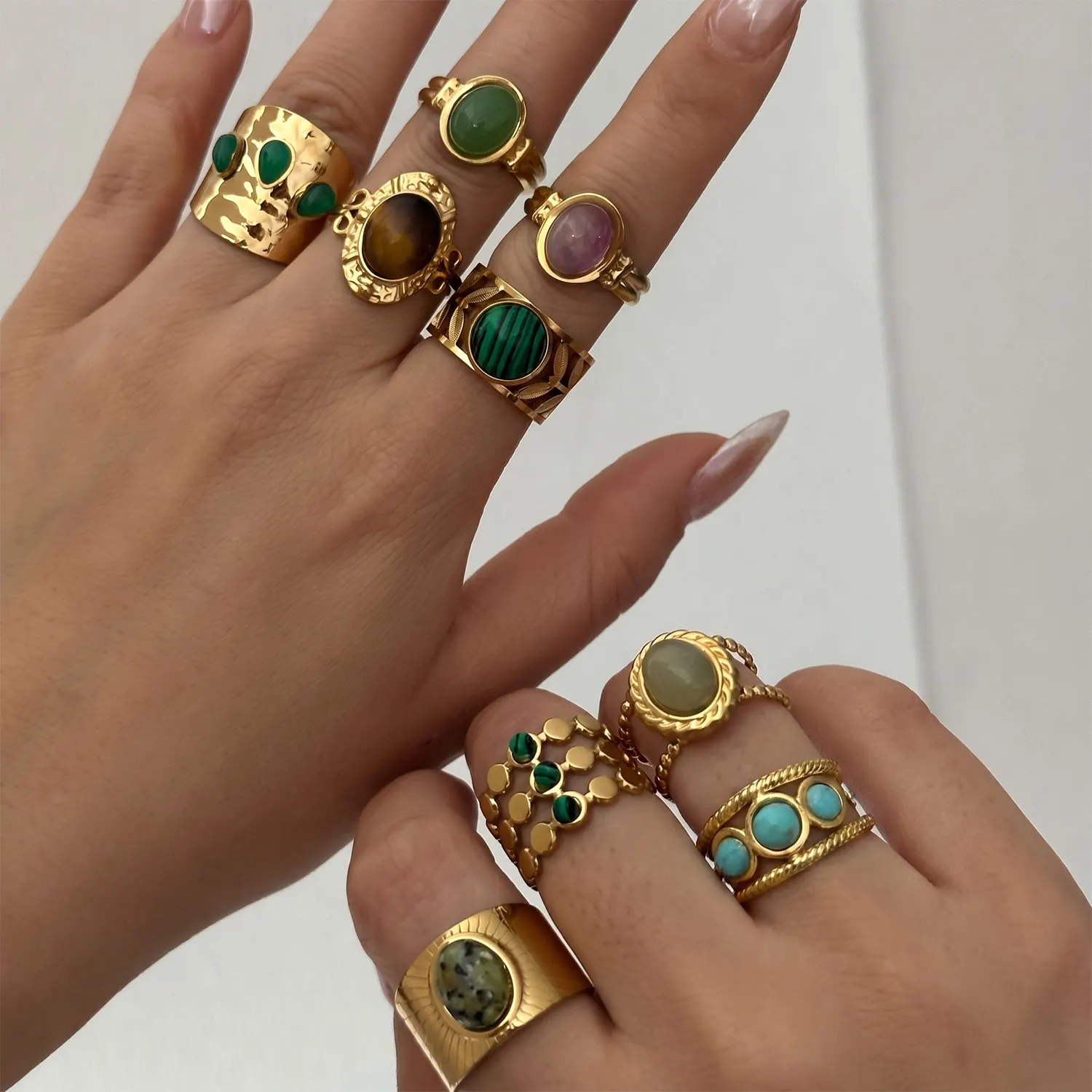 Vintage Naturstein Edelstahl-Ringe für Damen und Herren Trendige Vergoldete Hohle Geometrische Ringe Finger-Accessoires Schmuck – Detail 1