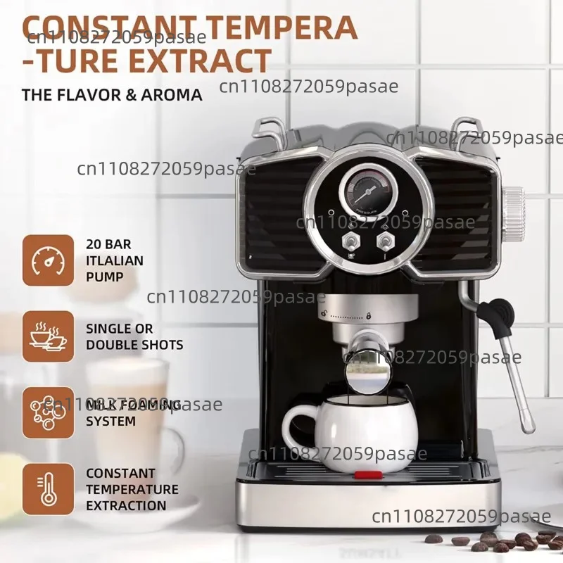 Household semi-automatic coffee machine, stainless steel case 20 bar pressure 220V espresso milk brewing system
