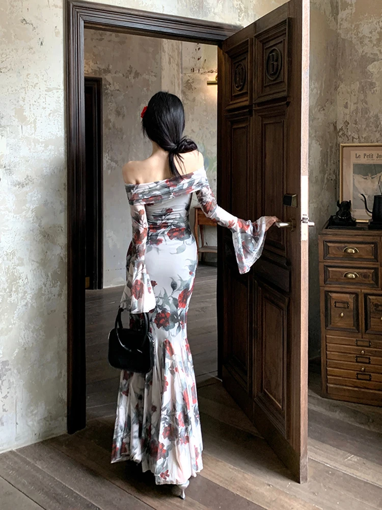 2024 Summer French Vintage Boho Print Midi Dress Women Casual Elegant One Shoulder Dress Korean Fashion Even Party Female Chic