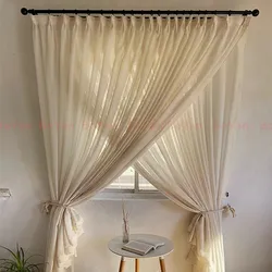 Double Layers Japanese Flax Style Tulle Curtains Window for Living Room Beige Linen Like Voile Bedroom Sheer Cortina Drapes