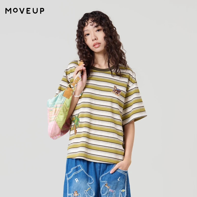 

MOVEUP Short Sleeved Round Neck T-Shirt 2026 Summer New Cartoon Embroidered Contrasting Striped Knitted Tees For Women 3ELX10597