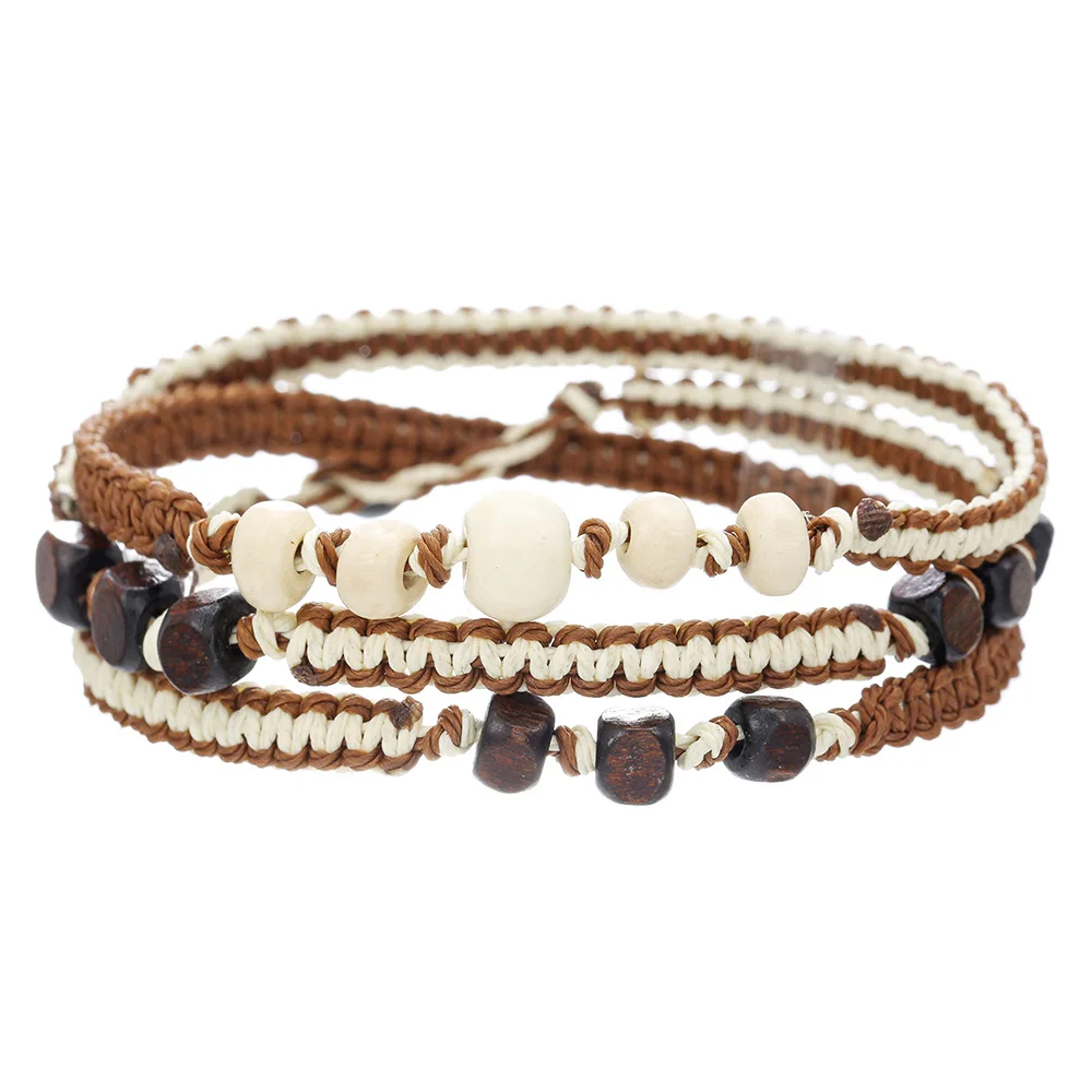 European American New Single Multi Strand Wrap Braided Bracelet Bohemian Layered Stackable Wooden Beads Jewelry