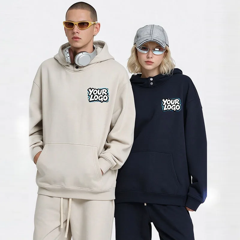 Custom Logo Autumn Winter Unisex Fleece Lined Double‑Button Hoodie Loose Long Sleeve Kangaroo Pocket Casual Pullover Sweatshirt