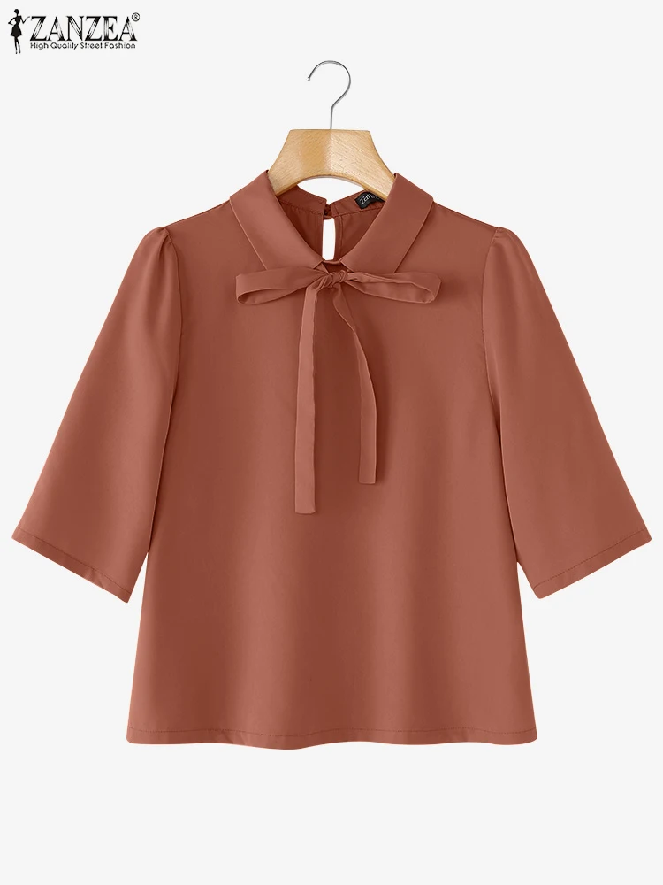 ZANZEA بلوزات بمقاسات كبيرة للنساء موضة خريف 2025 3/4 كم قمصان متينة غير رسمية فضفاضة ذات طية صدر السترة Blusas Femininas ربطة القوس فيونكة 5XL #4