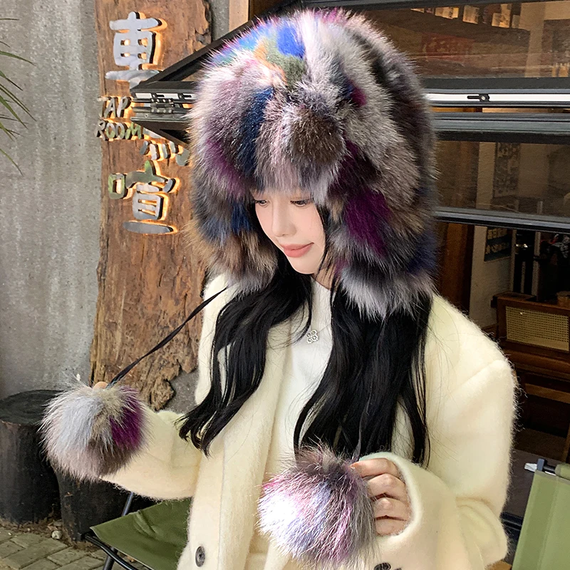 

Real Mink Fur Hat with Fox Fur Ball for Women Russian Autumn Bomber Hats Earmuffs Protective Cap Winter Warm