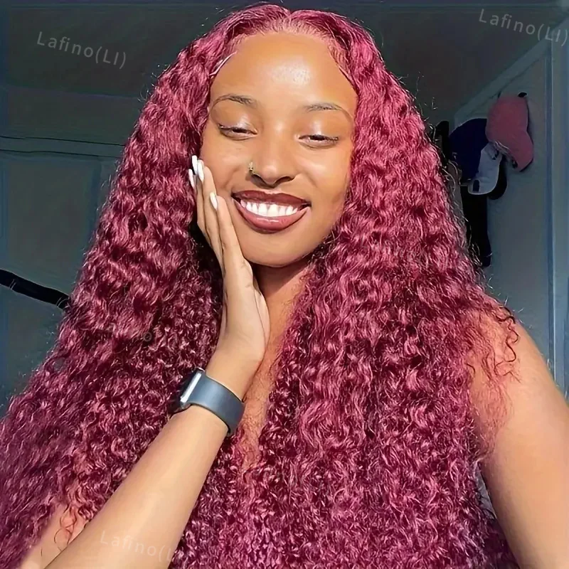 

99J Burgundy Deep Wave Frontal Wig Transparent 13x4 13x6 Hd Lace Front Human Hair Curly Red Colored Lace Wigs For Women