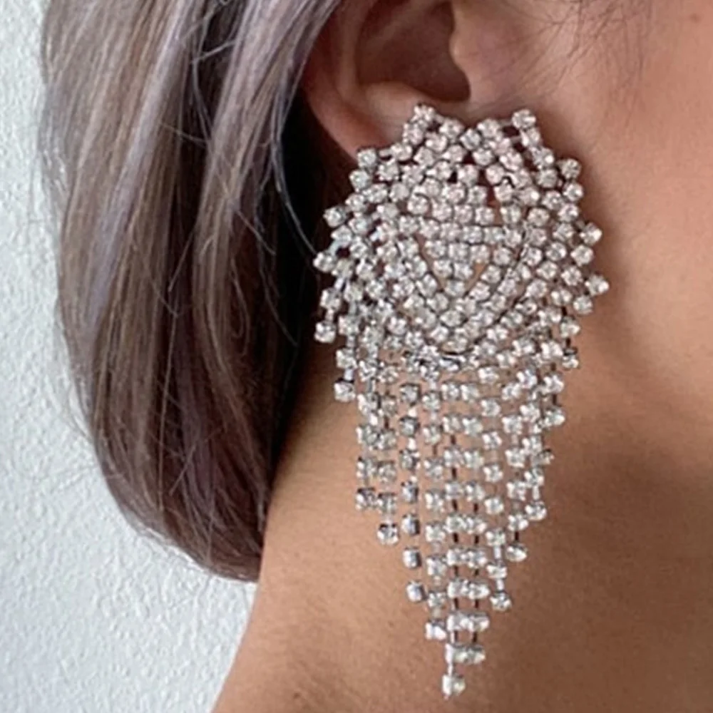 Stonefans Fashion Tassel Drop Earrings for Women Luxury Designer Geometric Rhinestone Dangle Earring Wedding Party Jewelry