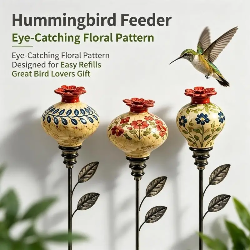 Set of 3Pcs Hummingbird Feeding Stations with Pointed Ground Stakes, Colorful Flower Detail, and Top Openings for Lawns and Y5GB