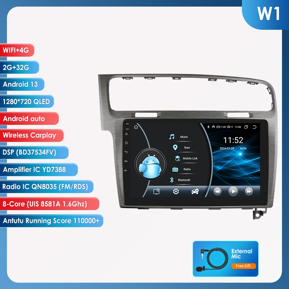10.1 "Algpo 2Din Android Auto Autoradio voor Volkswagen VW Golf 7 2013-2017 Snapdragon 6115 GPS RDS DSP 4G BT CarPlay 360 ° CAM
