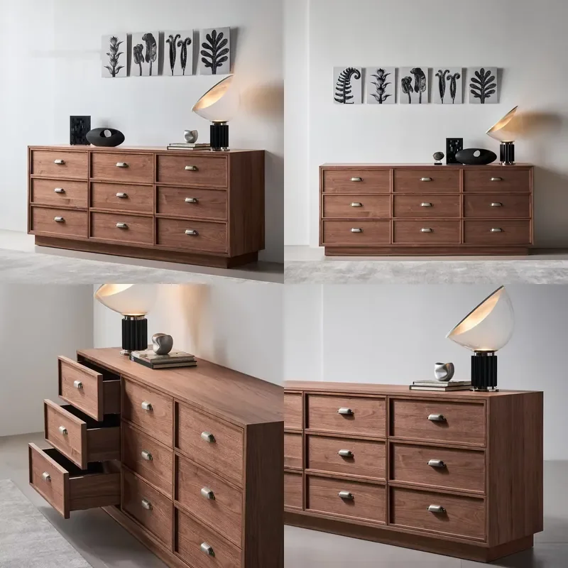 French Retro Pine Wood Nine-drawer Cabinet Vintage Designer Living Room Floor-standing Wall-mounted Storage Cabinet Sideboard