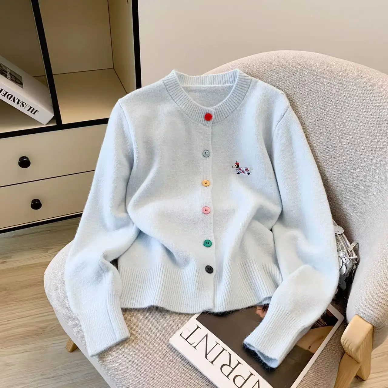 

Women's Colorful Buttons Round Neck Knitted Cardigan Young Girls Fashion Female Long Sleeve Autumn Knitted Thin Coat