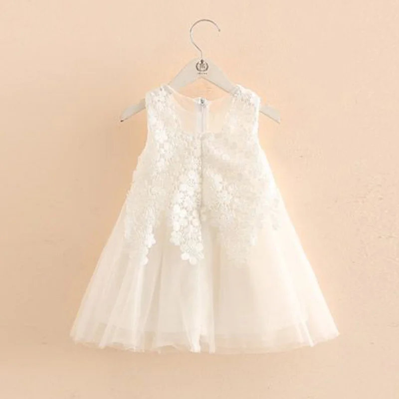 Spring Summer New Girl Versatile Round Neck Hook Flower Splicing Lace Sleeveless Kids Clothes Vest Net Yarn A-line Midi Dresses