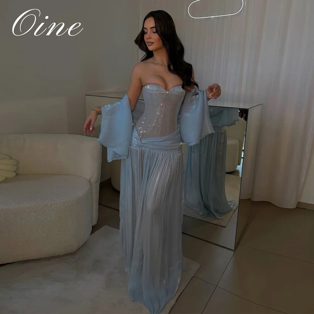 Oine Maßgeschneidertes Sexy Blaues A-Linien-Abendkleid 2026 Herzausschnitt Ärmellos Glitzer-Schal Plissiertes Abendkleid Cocktailkleid