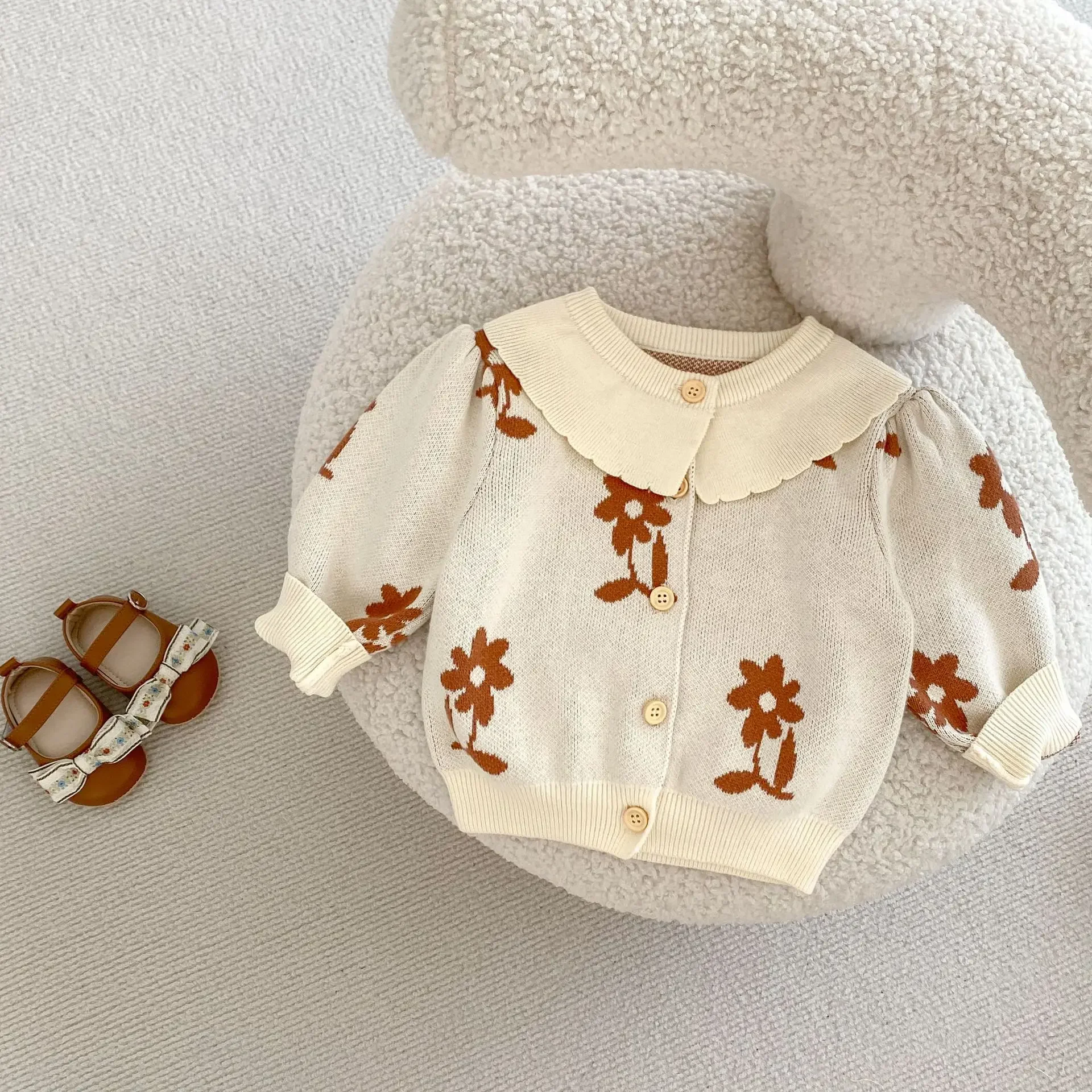 0-3T Flower Baby Girl Sweater Cardigan Newborn Kid Winter Clothes Warm Thick Floral Knitwear Coat Cute Sweet Outfit