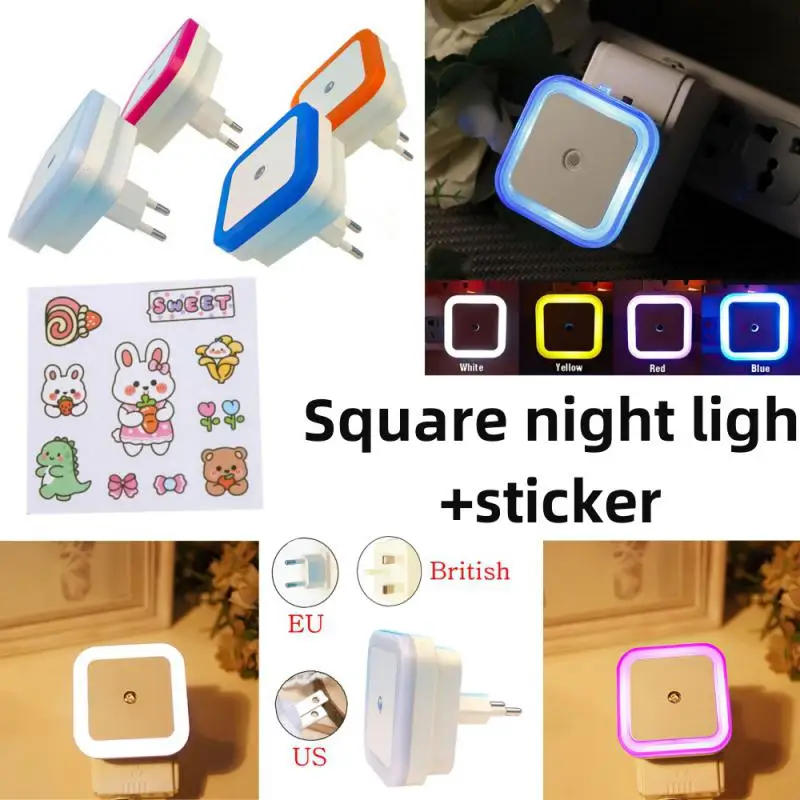 

Mini LED Night Light Plug in Dusk to Dawn Sensor Wall Nights Lamp Square for Bedroom Hallway Stairs Corridor 110V 220V+Decal