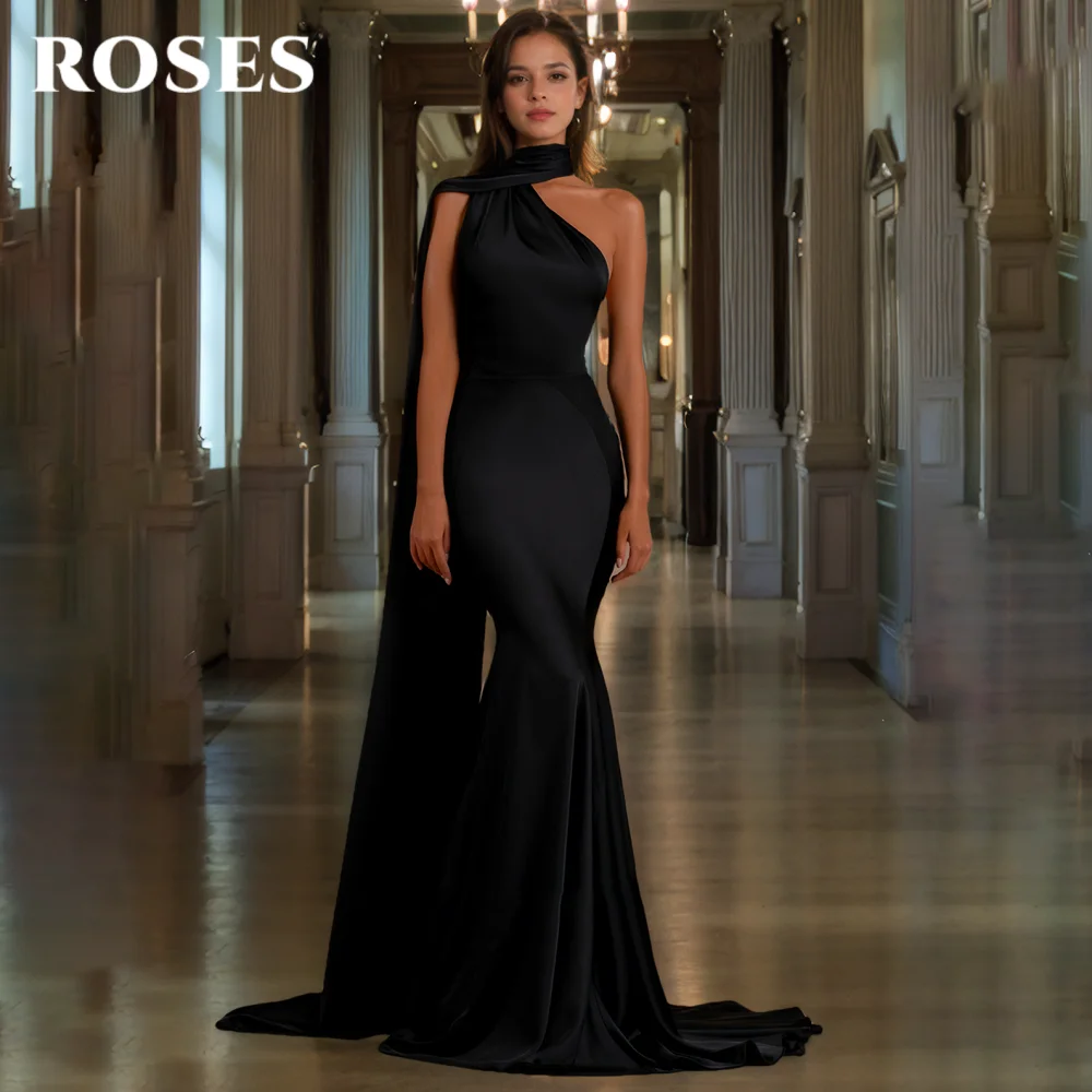 

ROSES Black Elegant Evening Dresses One Shoulder Backless Prom Gown Satin sleeveless Mermaid Party Dress robe soirée Customized