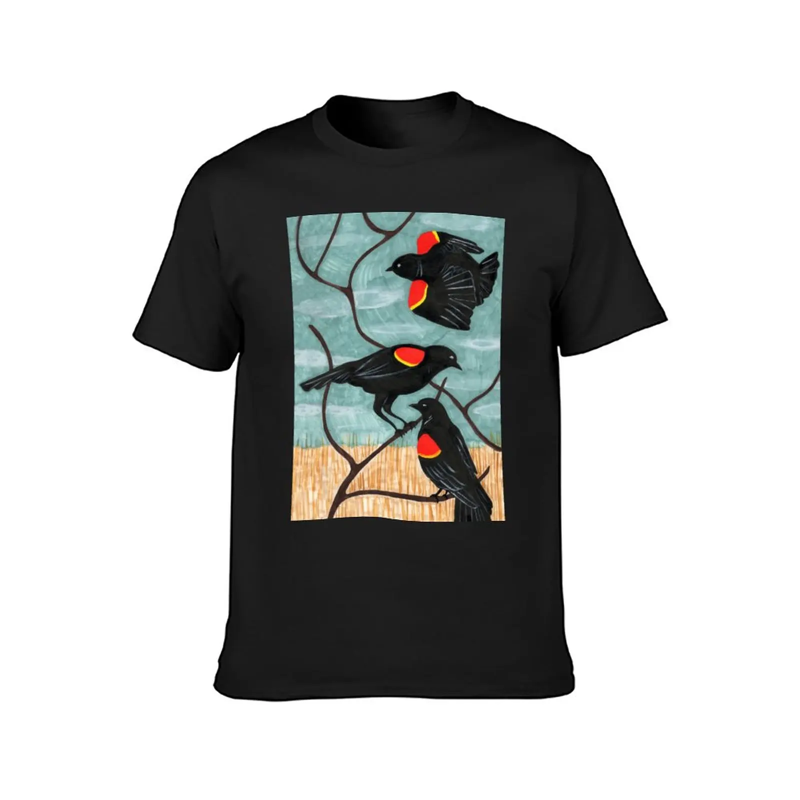 Red Winged Blackbirds by Amanda Laurel Atkins T-Shirt customs quick-drying summer clothes Short sleeve tee men