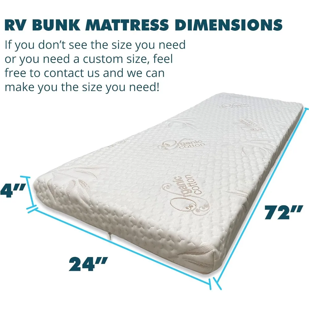 RV用ジェルメモリーフォームマットレス - 4 x 24 x 72、硬めの密度ベース、耐水性オーガニックコットンカバー、米国製