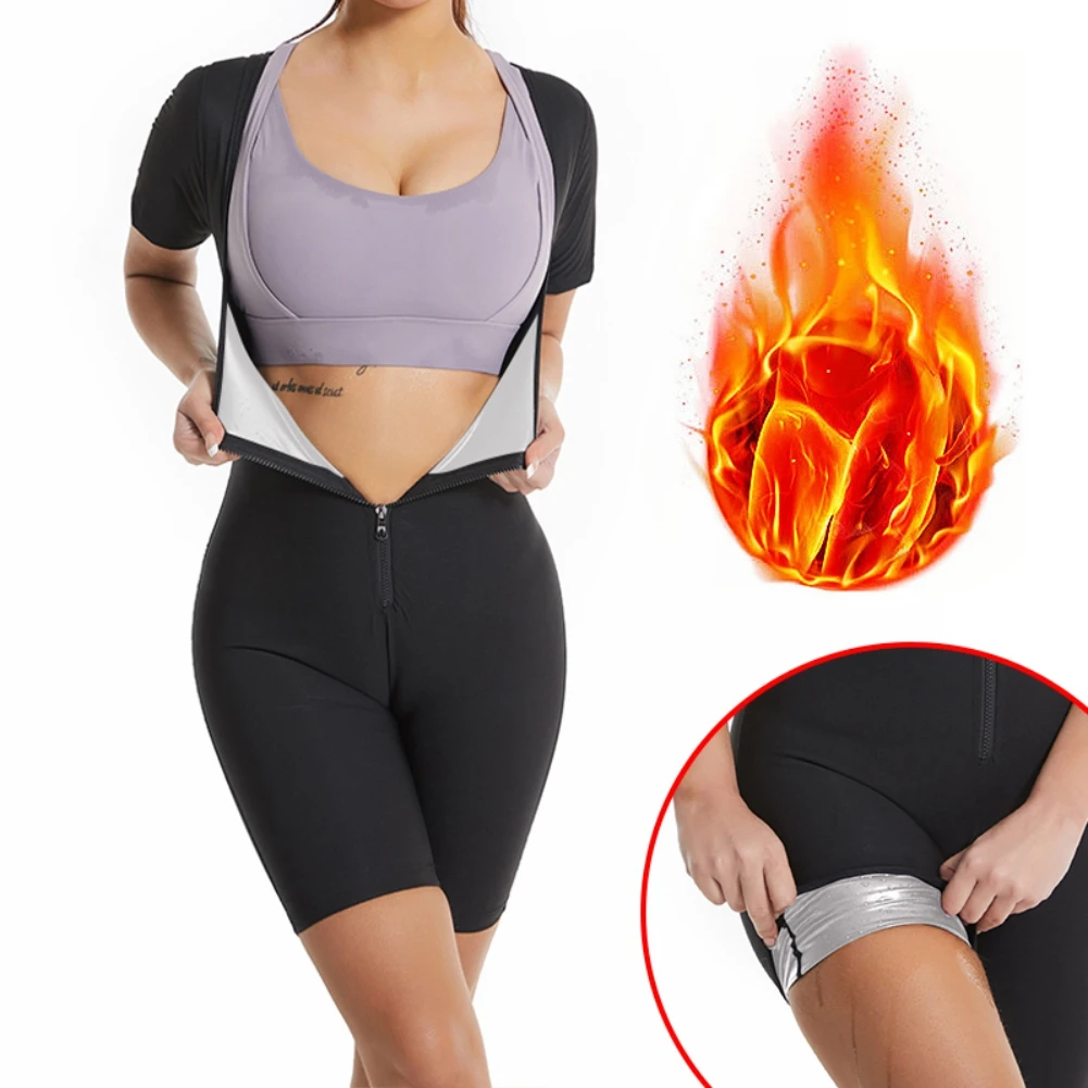 Home Sauna Suit for Women Sweat Vest Waist Trainer 3 in 1 Slimming Full Body Shaper Workout Fitness Top with Sleeve Shorts