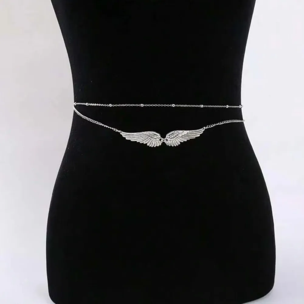 Fashion Elegant Double Layer Wings Body Chain Beads Charm Wings Waist Chain Gold Stylish Bikini Belly Belt Festival Accessories