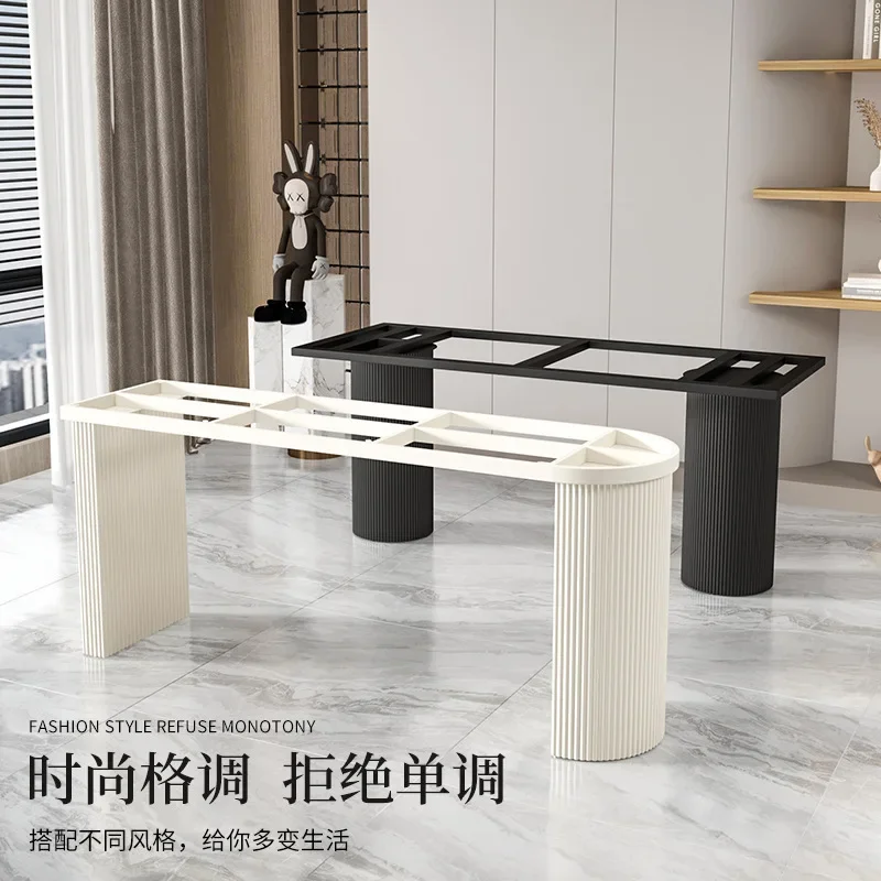 Slate table legs, cylindrical semi-oval dining table, marble base, wrought iron bracket