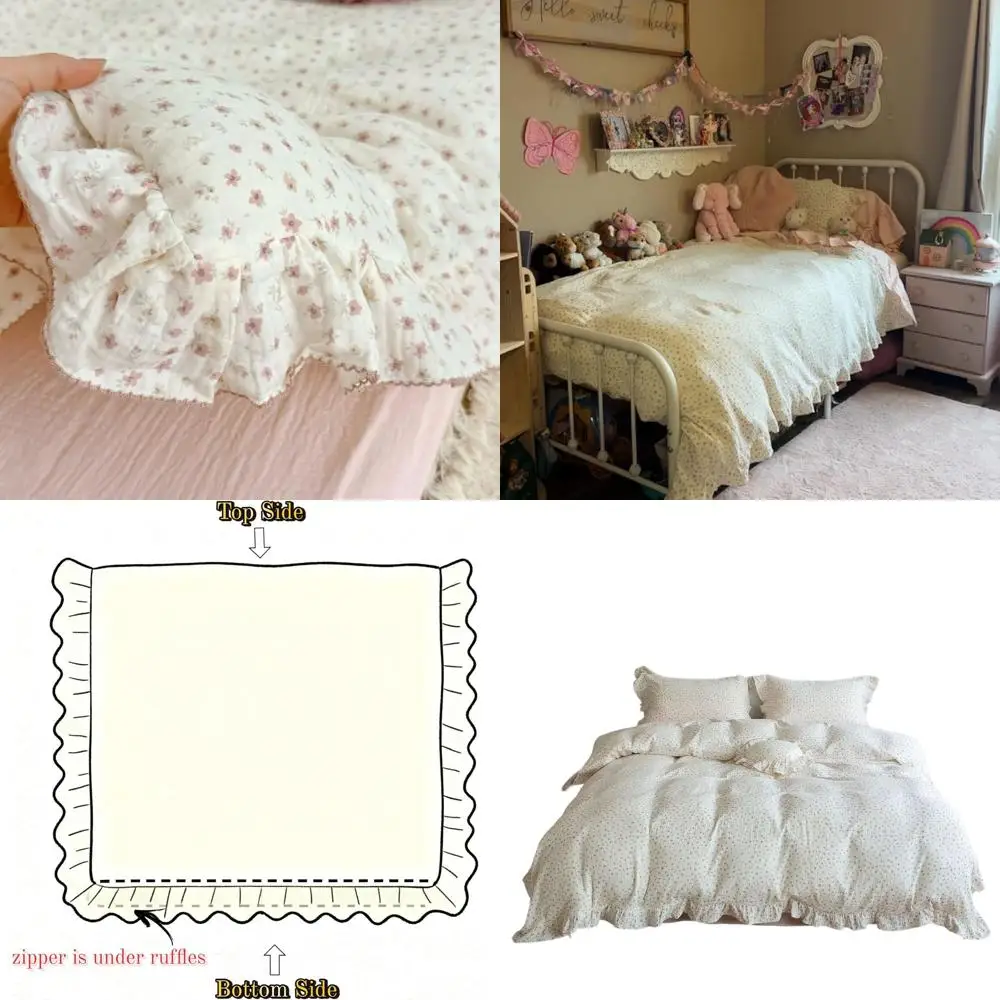

Full Size Pink Floral Cotton Muslin Duvet Cover for Teen Girls with Ruffles and Zipper, 79x90 Vintage Cottage Style, No Pillows