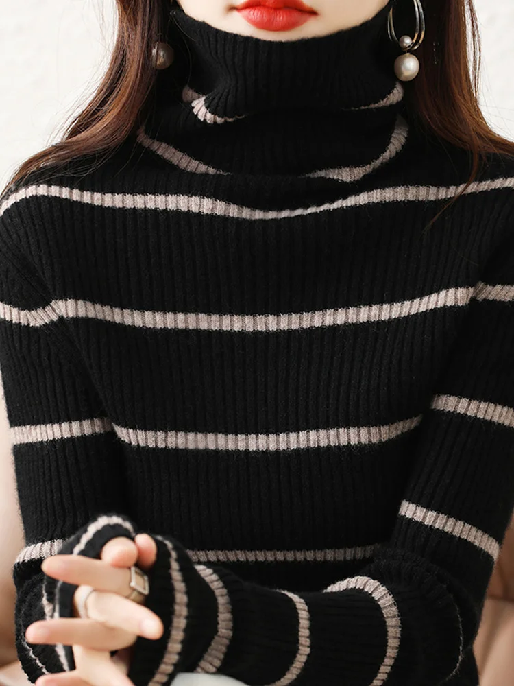 

Женский облегающий полосатый вязаный свитер с высоким воротником и длинными рукавами, модный осенне-зимний топ, удобный мягкий вязаный свитер в полоску