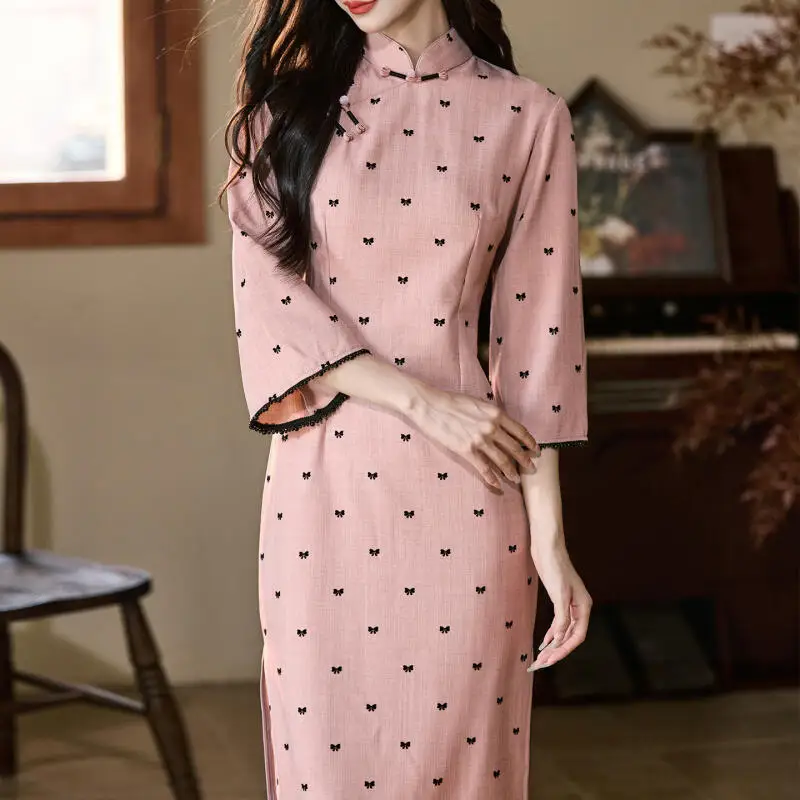 

Новое китайское стильное розовое платье Ципао с бантом, элегантное женское платье Chesongam, сексуальное хлопковое вечернее платье, китайское платье с кружевной отделкой, Vestidos