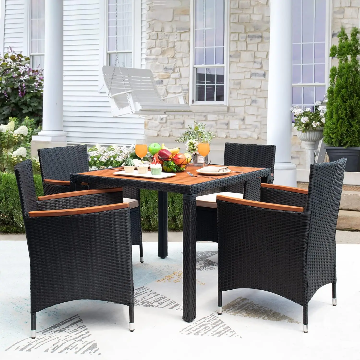 Patio Conversatie Set Met Acacia Houten Top, Rotan Buiten Eettafel En Stoelen Voor Achtertuin, Tuin, Terras