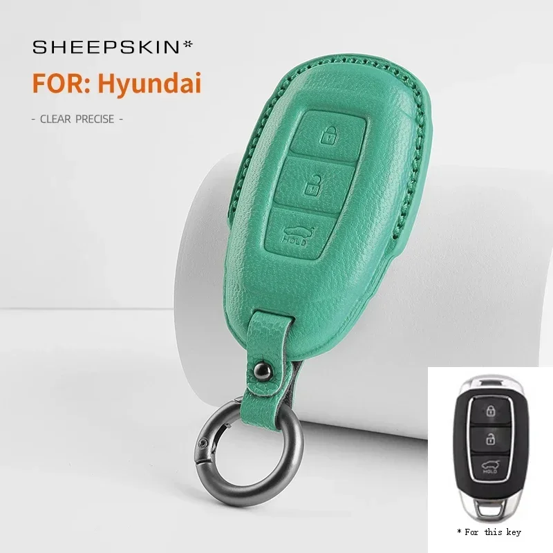 

For Hyundai Sonata Elantra Santafe Mistra Creta 2020- 2023 GoatSkin Leather Car Remote Sheepskin Key Cover Case Shell Keychain