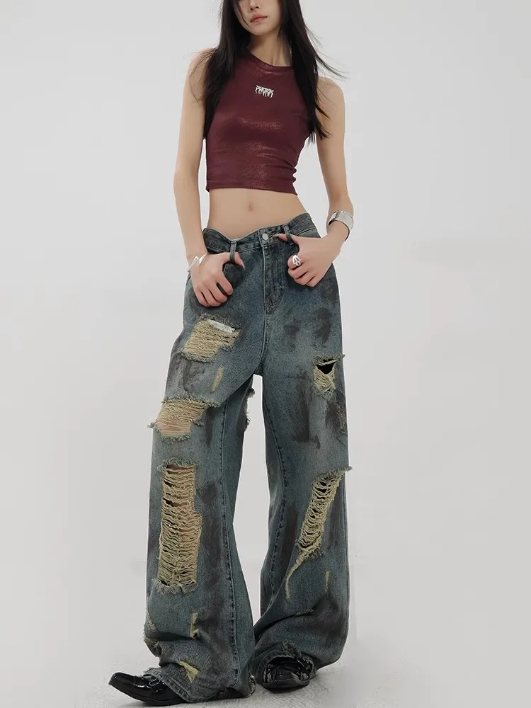 

American Retro Jeans Star Raw Edge Splicing Loose Wide-leg Jeans Women Look Thin Trendy All-match Mopping Pants Women