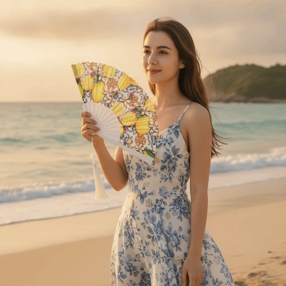 Fashion Fruit Pattern Summer Folding Hand Fan with Tassel Plastic Frame Vacation Folding Fan Lightweight Cooling Fan School