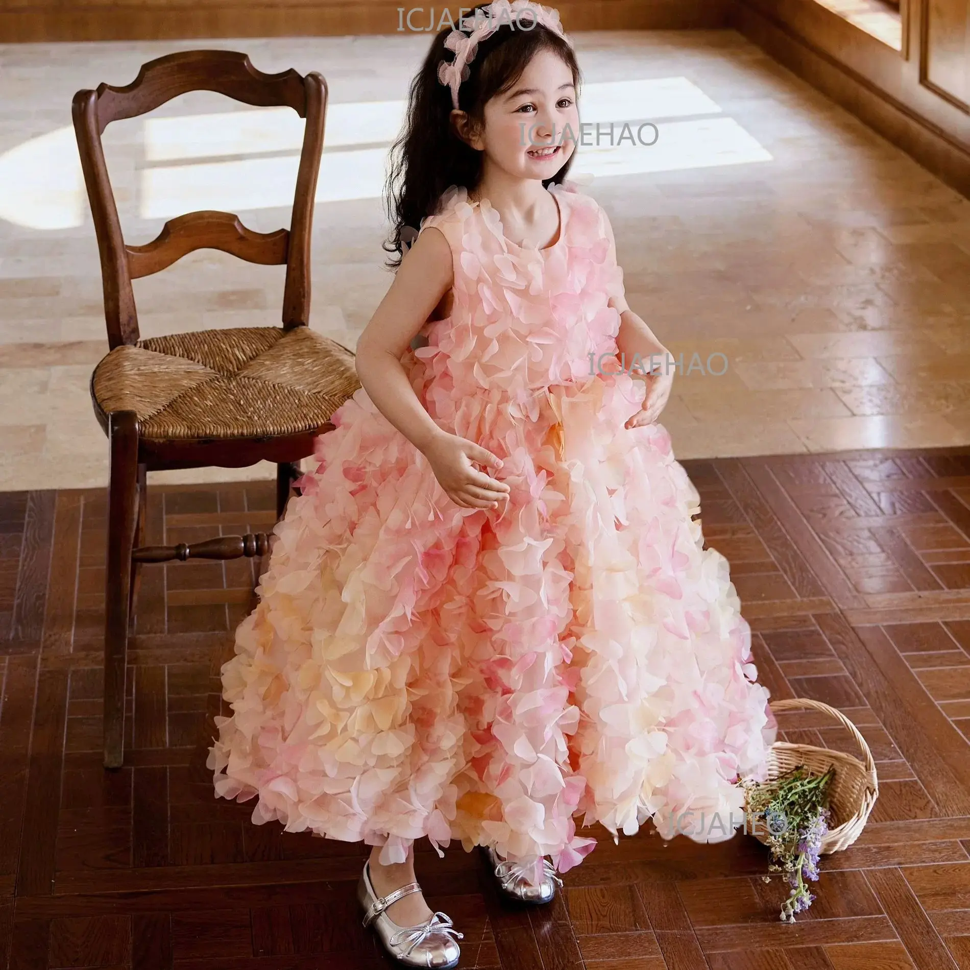 Floral Kids Birthday Gown High End Puffy Cake Skirt  Girl Host Piano Girls Performance OutfitGirls Princess Dress Rainbow
