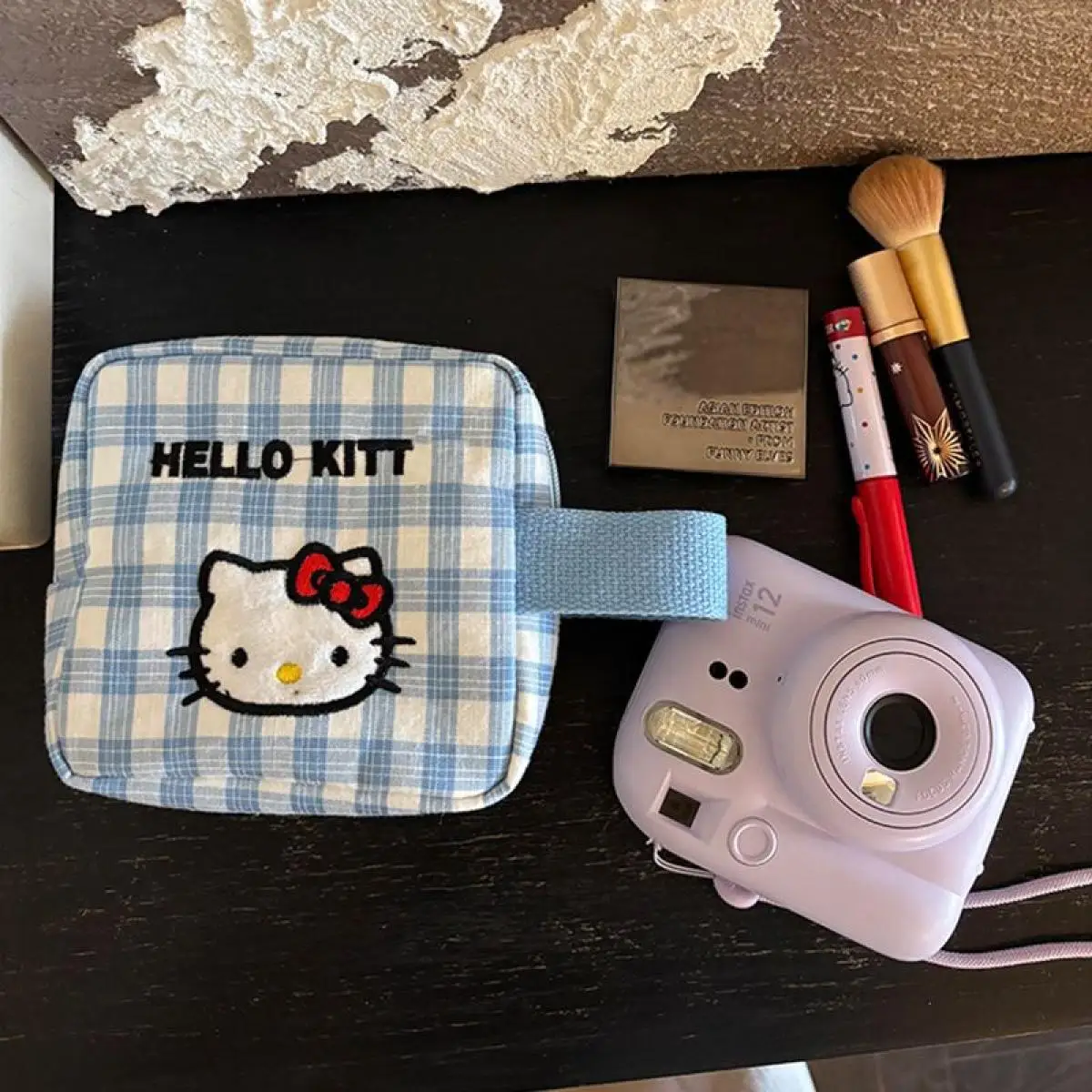 

New Blue Checkered Hellokitty Small Square Bag Summer Portable Coin Purse Makeup Bag Handbag Kawaii Storage Bag
