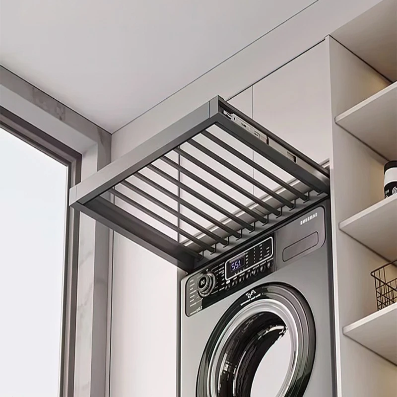Telescopic Laundry Drying Rack, Invisible Built In Pant Hanger, Slide Rail Storage System, Removable Rod for Above Washer