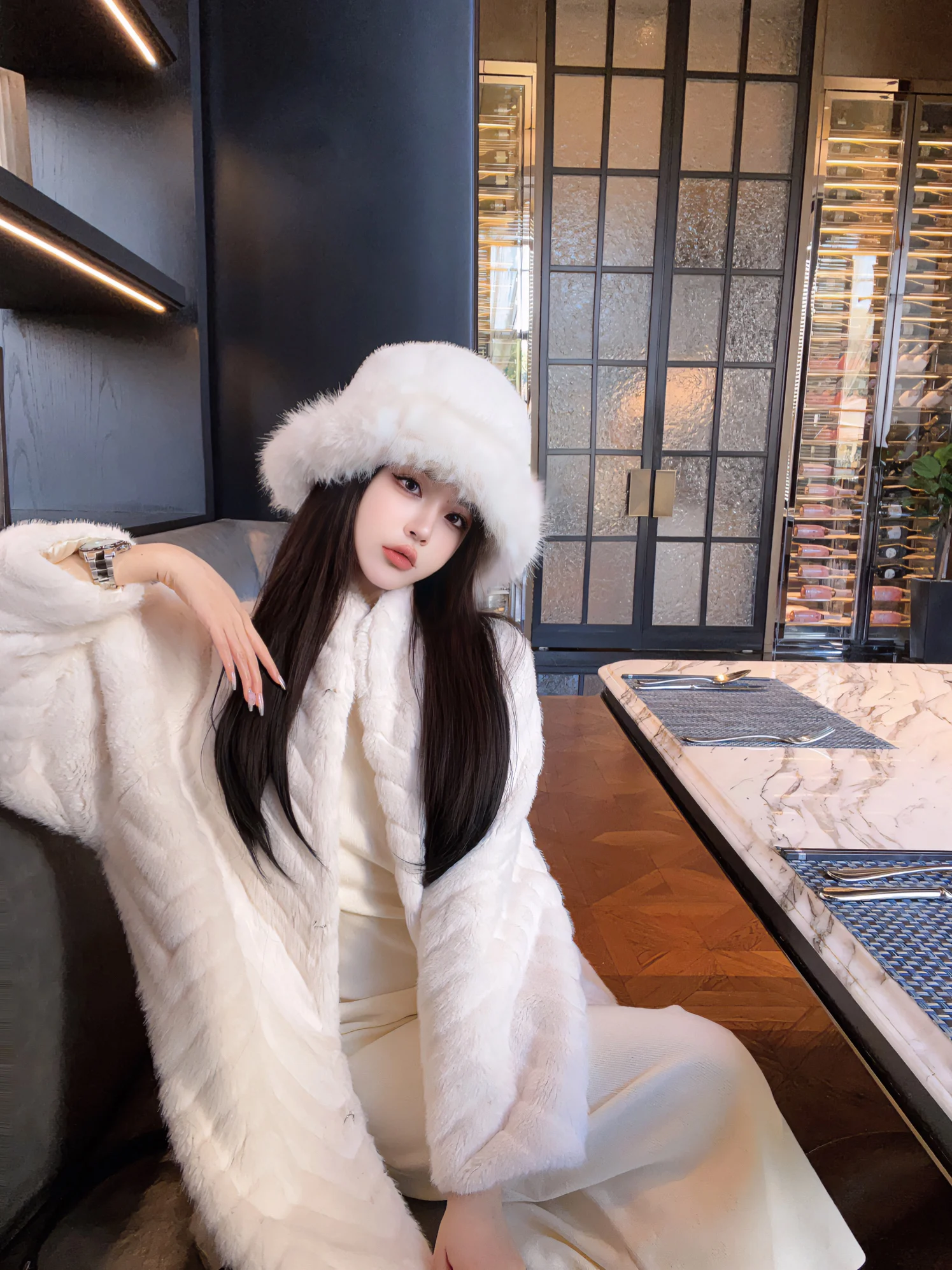 

Eva Autumn Winter Long Stand Collar Eco-Friendly Fur Coat Women's Classy Mink Imitation Outerwear Medium Length Ladies Coat