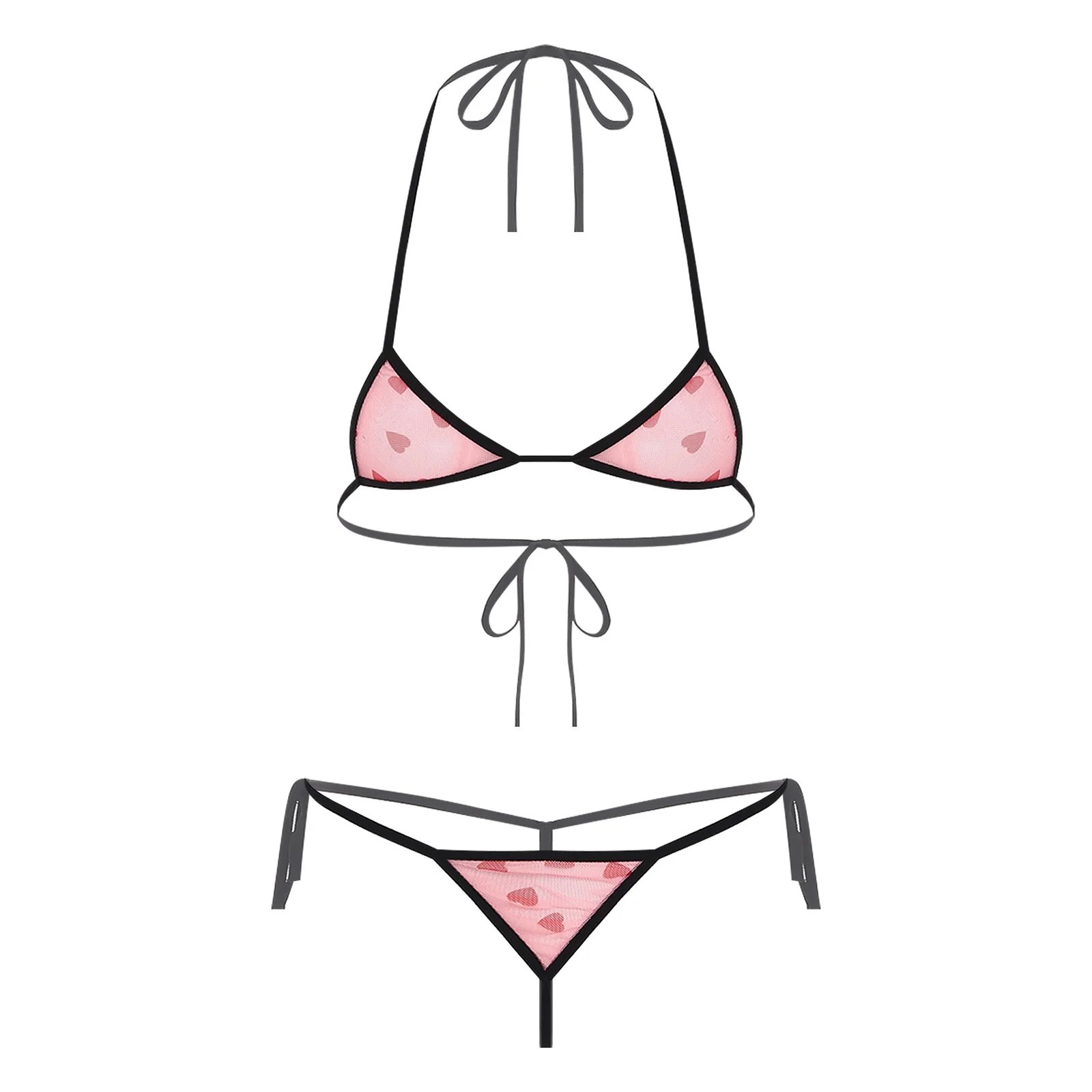 Womens Micro Mini Bikini Lingerie Underwear Set Printed Sheer Mesh Lace-up Bra Top and T-back Thong Swimwear Nightwear Raves