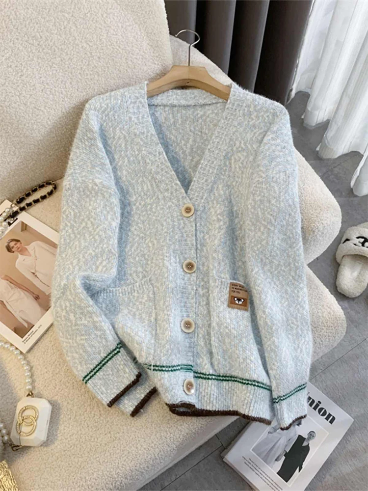 Women's Blue Cardigan Sweater Harajuku Korean 90s Aesthetic Y2k Long Sleeves V-Neck Sweaters Jumper Vintage 2000s Clothes Autumn