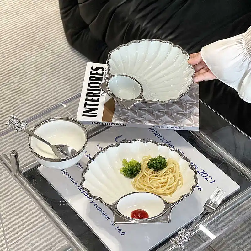 8-inch Creative Dessert Plate Ceramic Breakfast Grid Dish Silver Edge Personality Shape Western Plate New High End Dumpling Dish