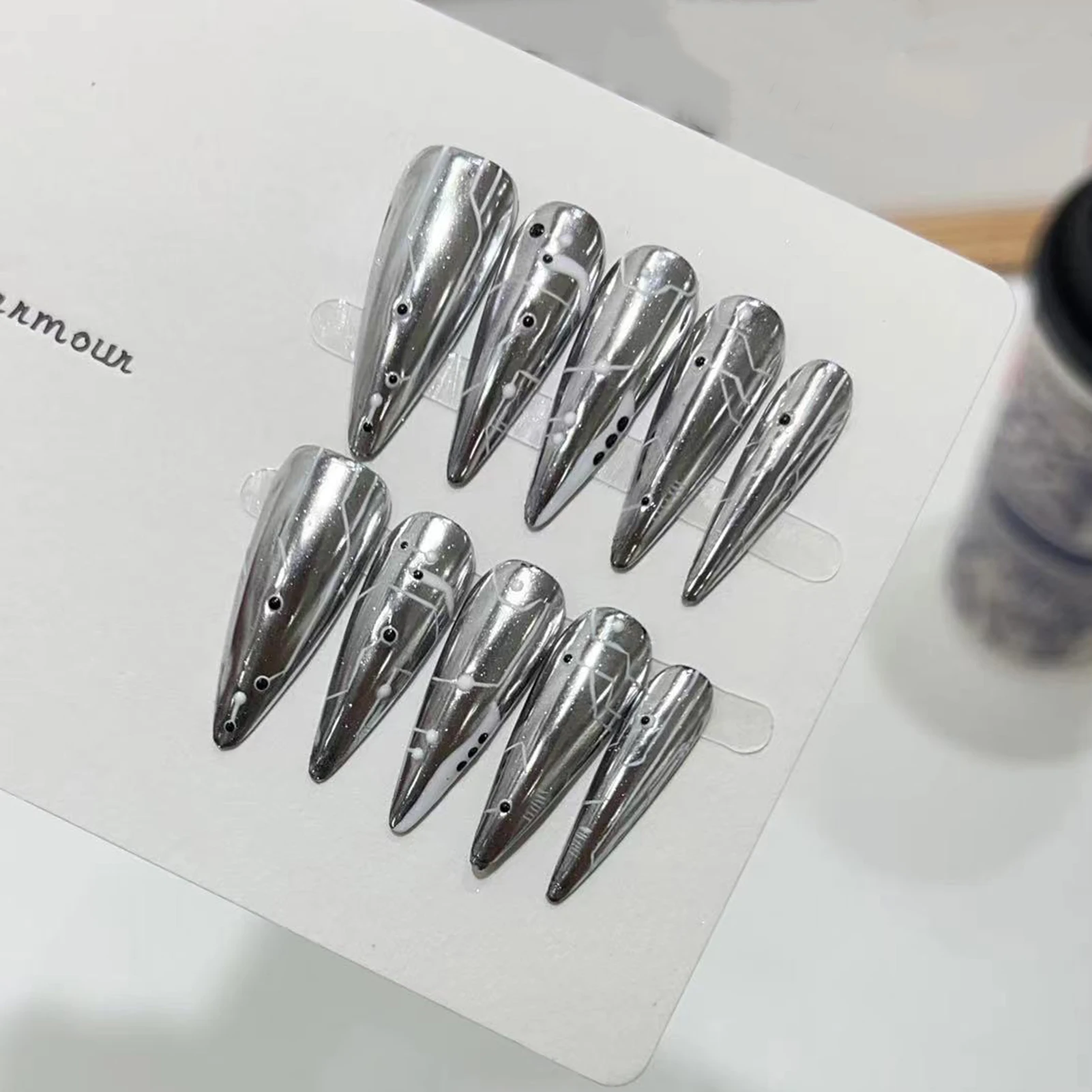 10 pçs halloween unhas falsas reutilizáveis ponta longa preto rachado olho de gato estilo punk prata longa imprensa em unhas para decoração feminina